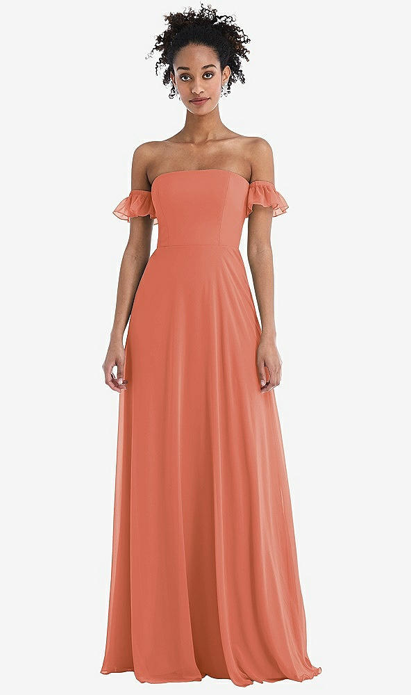 Front View - Terracotta Copper Off-the-Shoulder Ruffle Cuff Sleeve Chiffon Maxi Dress