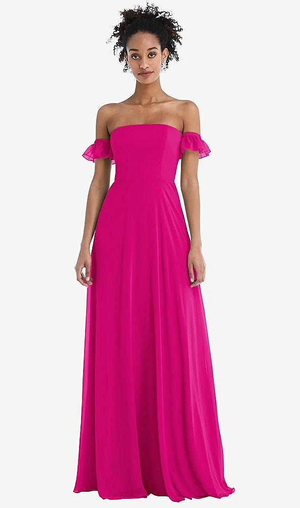 Front View - Think Pink Off-the-Shoulder Ruffle Cuff Sleeve Chiffon Maxi Dress