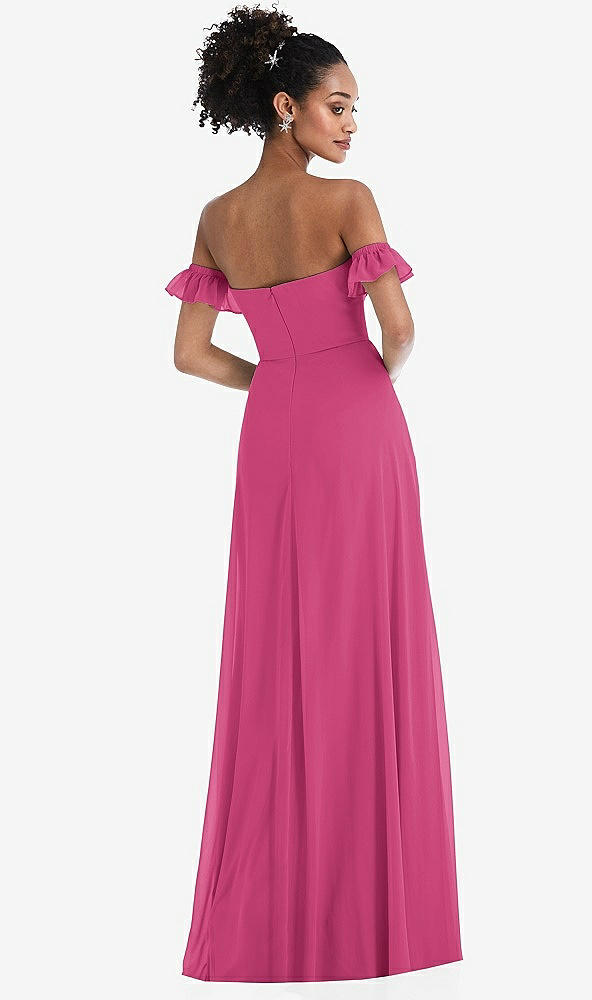 Back View - Tea Rose Off-the-Shoulder Ruffle Cuff Sleeve Chiffon Maxi Dress