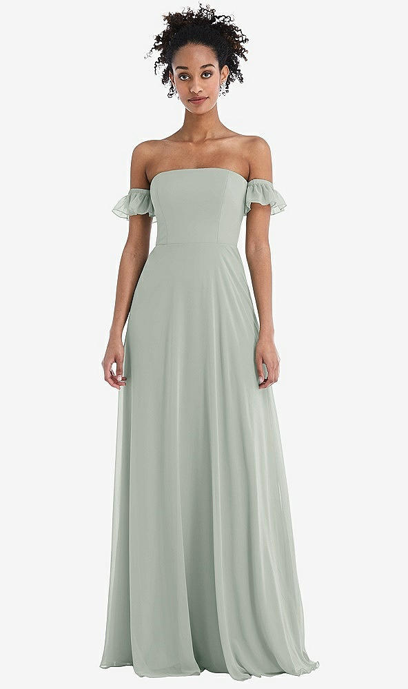 Front View - Willow Green Off-the-Shoulder Ruffle Cuff Sleeve Chiffon Maxi Dress