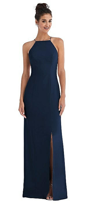 Open-Back High-Neck Halter Trumpet Gown