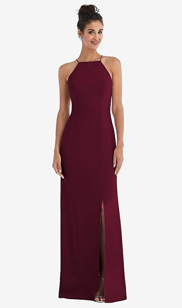 Front View - Cabernet Open-Back High-Neck Halter Trumpet Gown