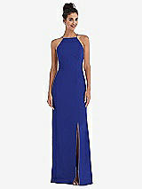 Front View Thumbnail - Cobalt Blue Open-Back High-Neck Halter Trumpet Gown