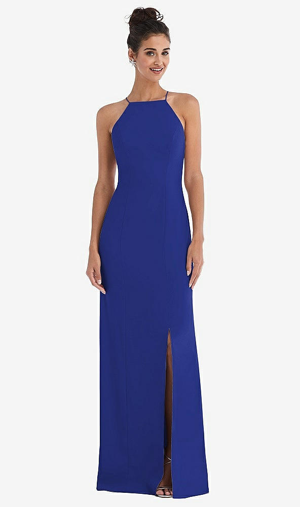 Front View - Cobalt Blue Open-Back High-Neck Halter Trumpet Gown