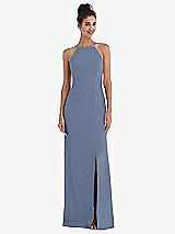 Front View Thumbnail - Larkspur Blue Open-Back High-Neck Halter Trumpet Gown