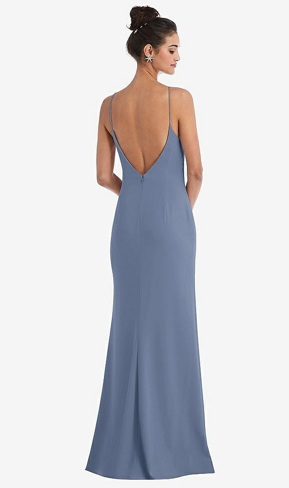 Back View - Larkspur Blue Open-Back High-Neck Halter Trumpet Gown