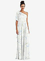 Front View Thumbnail - Bleu Garden Bow One-Shoulder Flounce Sleeve Maxi Dress