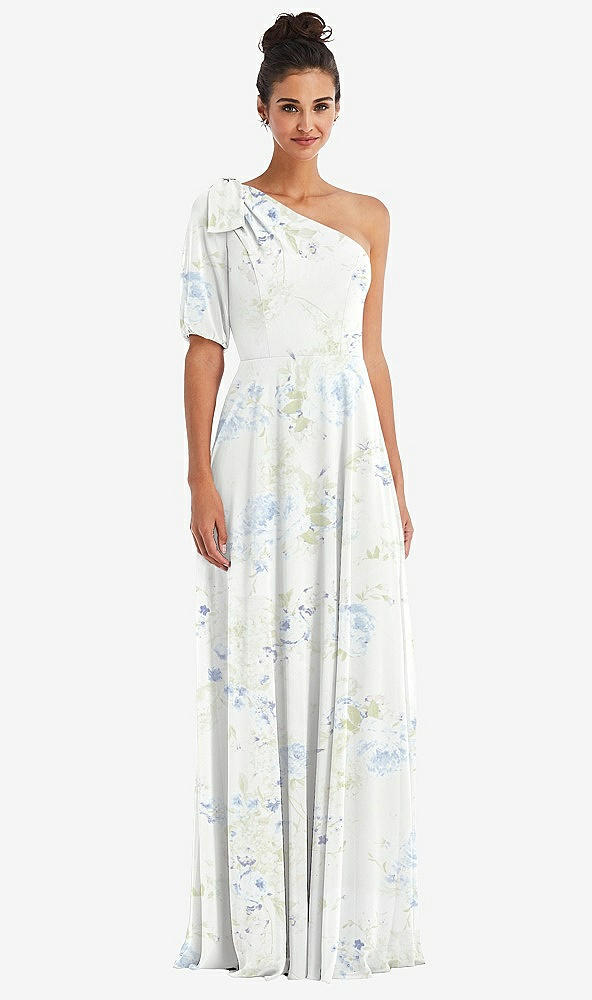 Front View - Bleu Garden Bow One-Shoulder Flounce Sleeve Maxi Dress