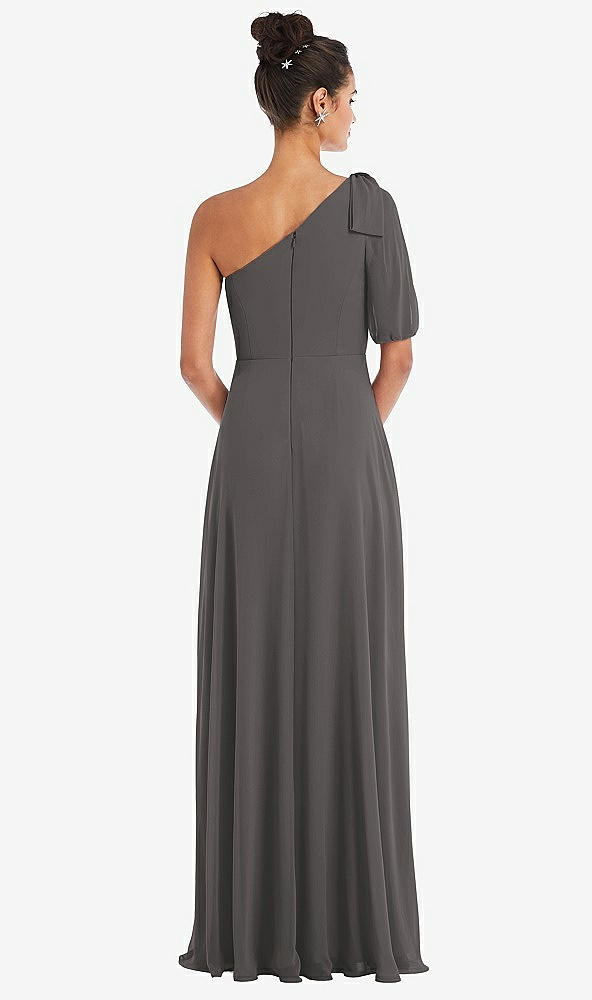 Back View - Caviar Gray Bow One-Shoulder Flounce Sleeve Maxi Dress