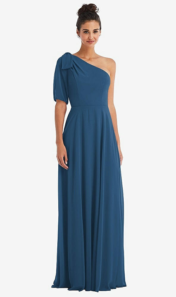 Front View - Dusk Blue Bow One-Shoulder Flounce Sleeve Maxi Dress