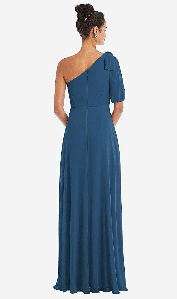 Back View - Dusk Blue Bow One-Shoulder Flounce Sleeve Maxi Dress