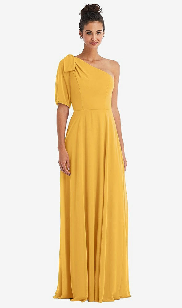 Front View - NYC Yellow Bow One-Shoulder Flounce Sleeve Maxi Dress