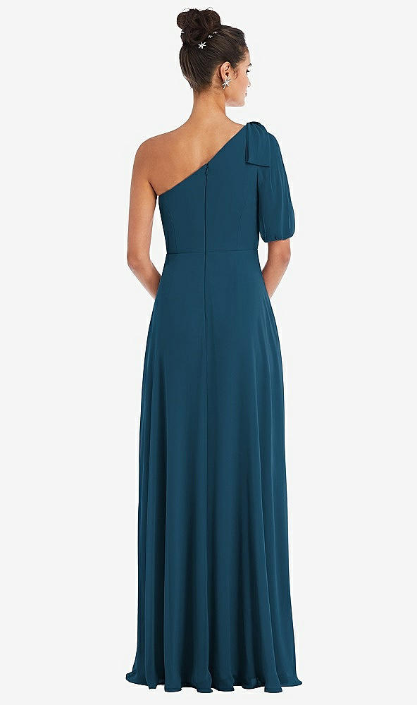 Back View - Atlantic Blue Bow One-Shoulder Flounce Sleeve Maxi Dress