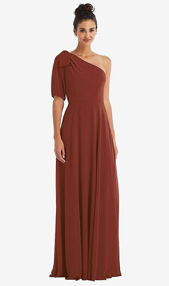 Front View - Auburn Moon Bow One-Shoulder Flounce Sleeve Maxi Dress