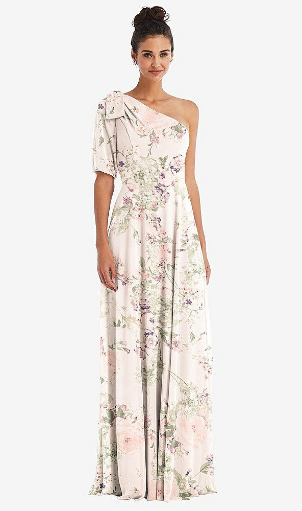 Front View - Blush Garden Bow One-Shoulder Flounce Sleeve Maxi Dress