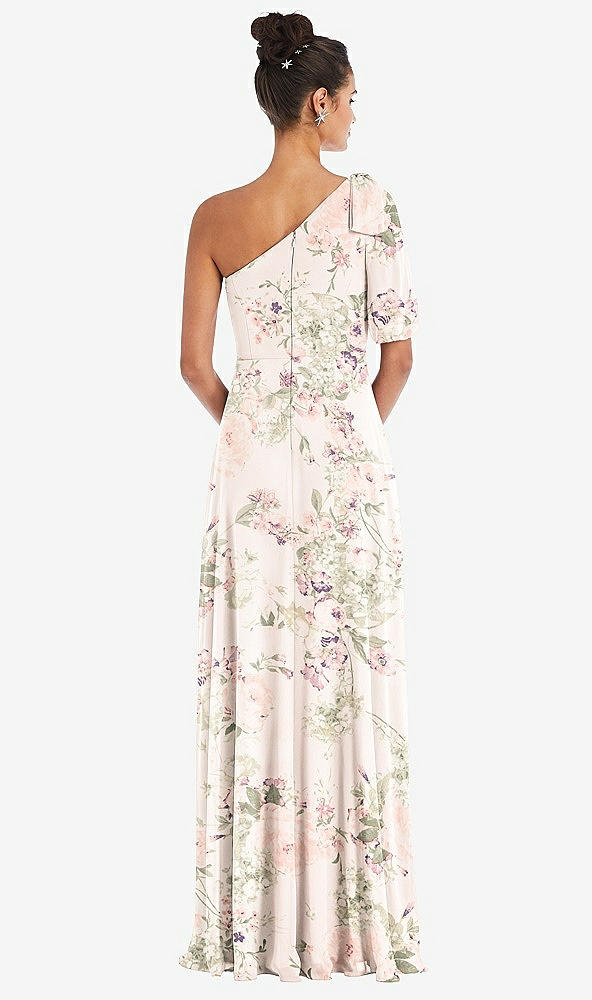 Back View - Blush Garden Bow One-Shoulder Flounce Sleeve Maxi Dress