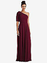 Front View Thumbnail - Cabernet Bow One-Shoulder Flounce Sleeve Maxi Dress