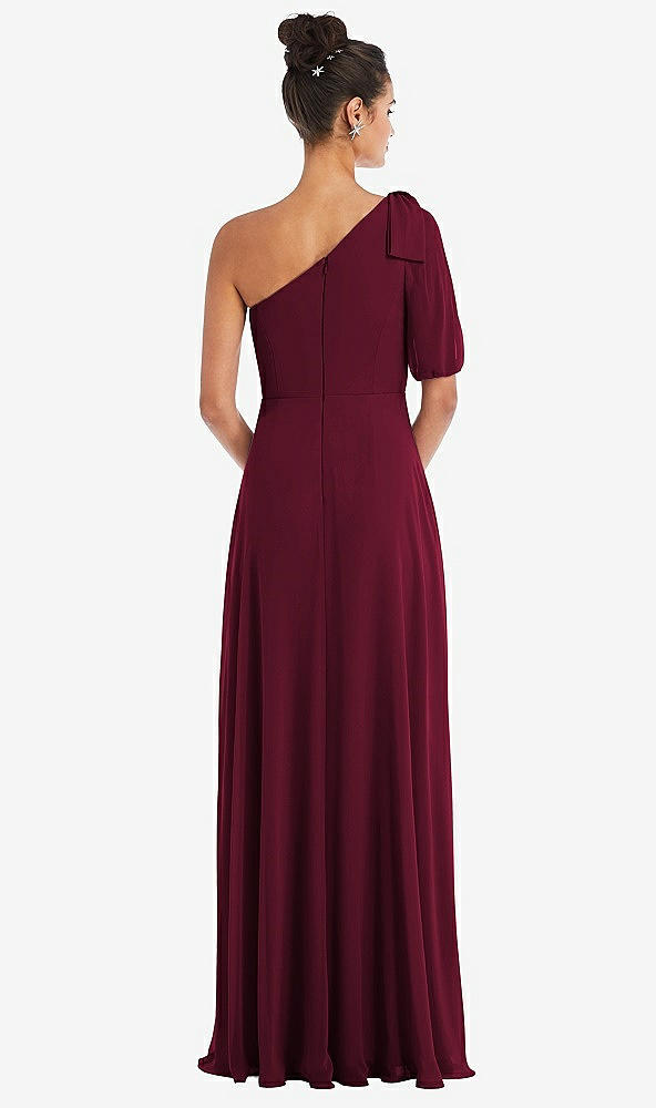 Back View - Cabernet Bow One-Shoulder Flounce Sleeve Maxi Dress