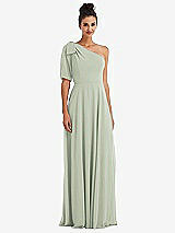 Front View Thumbnail - Celadon Bow One-Shoulder Flounce Sleeve Maxi Dress