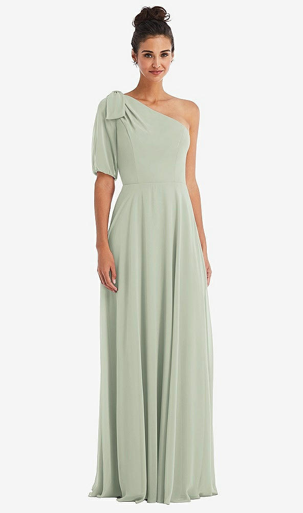 Front View - Celadon Bow One-Shoulder Flounce Sleeve Maxi Dress