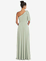 Rear View Thumbnail - Celadon Bow One-Shoulder Flounce Sleeve Maxi Dress