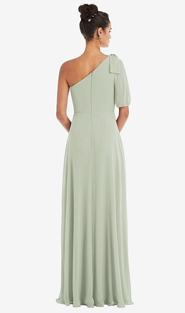 Back View - Celadon Bow One-Shoulder Flounce Sleeve Maxi Dress