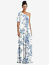 Front View Thumbnail - Cottage Rose Dusk Blue Bow One-Shoulder Flounce Sleeve Maxi Dress