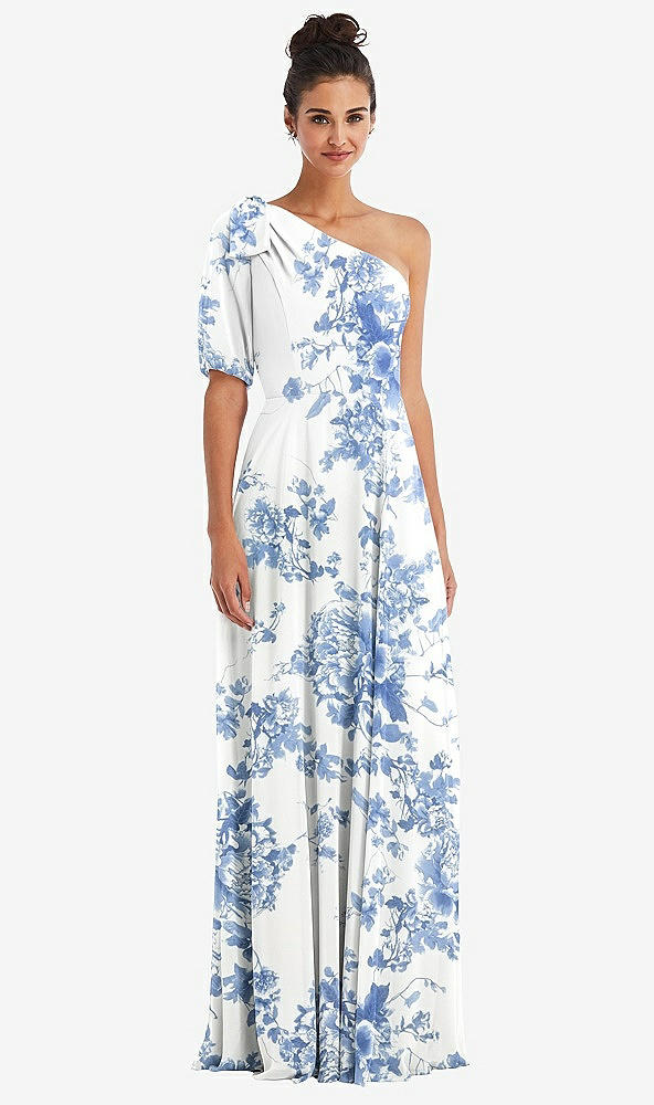 Front View - Cottage Rose Dusk Blue Bow One-Shoulder Flounce Sleeve Maxi Dress