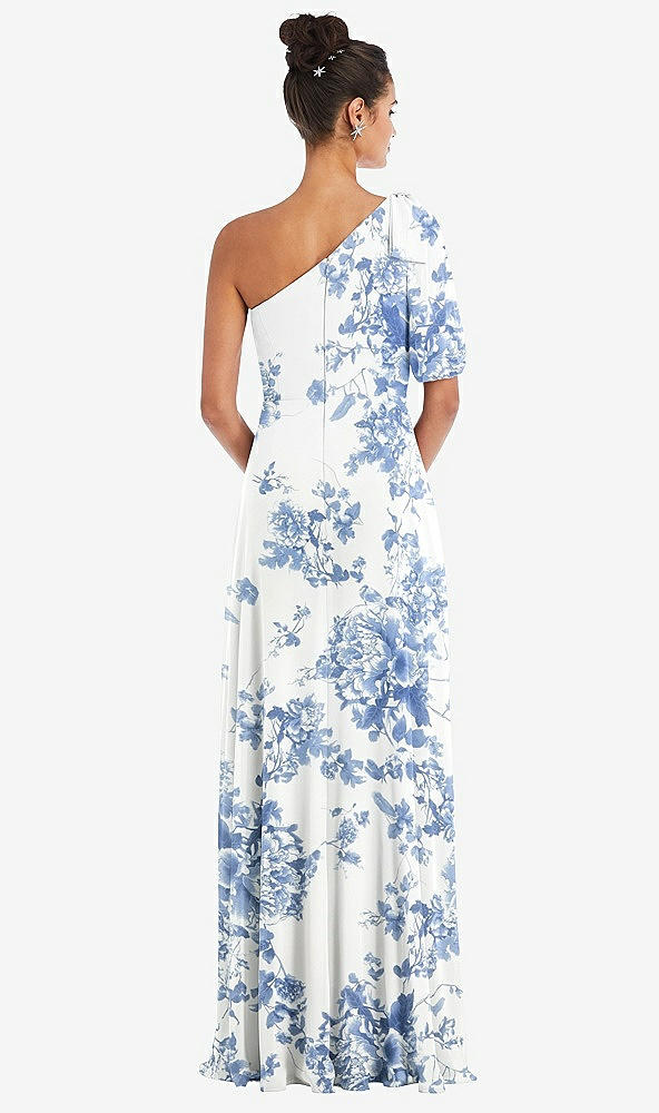 Back View - Cottage Rose Dusk Blue Bow One-Shoulder Flounce Sleeve Maxi Dress