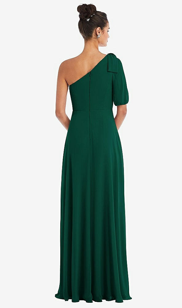 Back View - Hunter Green Bow One-Shoulder Flounce Sleeve Maxi Dress