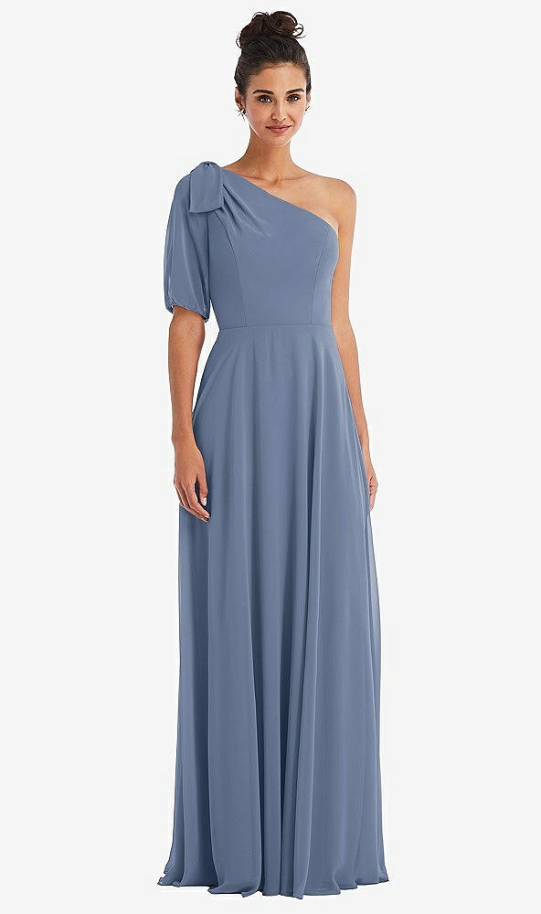 Front View - Larkspur Blue Bow One-Shoulder Flounce Sleeve Maxi Dress