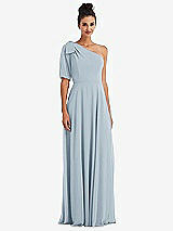 Front View Thumbnail - Mist Bow One-Shoulder Flounce Sleeve Maxi Dress