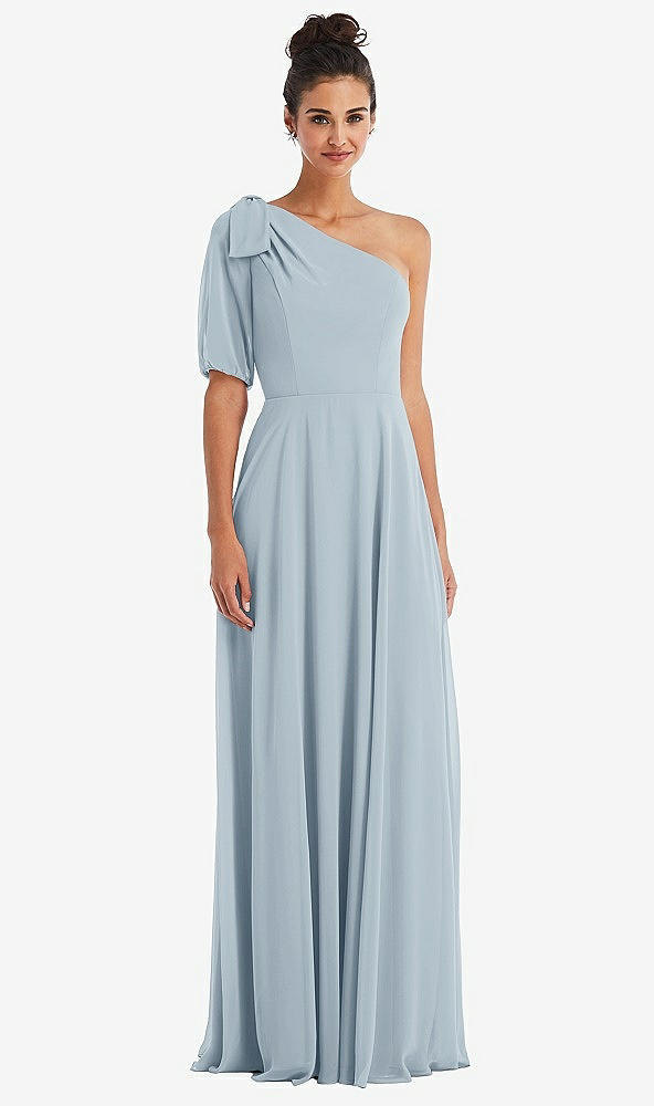 Front View - Mist Bow One-Shoulder Flounce Sleeve Maxi Dress