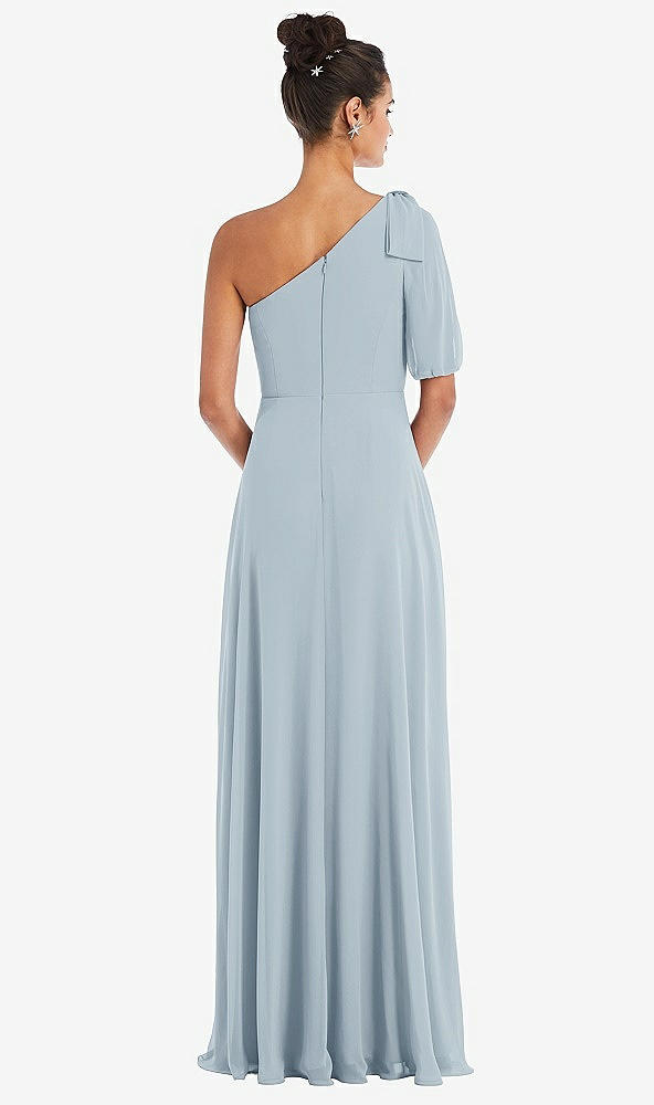 Back View - Mist Bow One-Shoulder Flounce Sleeve Maxi Dress