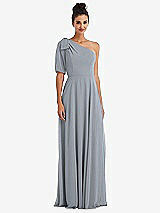 Front View Thumbnail - Platinum Bow One-Shoulder Flounce Sleeve Maxi Dress