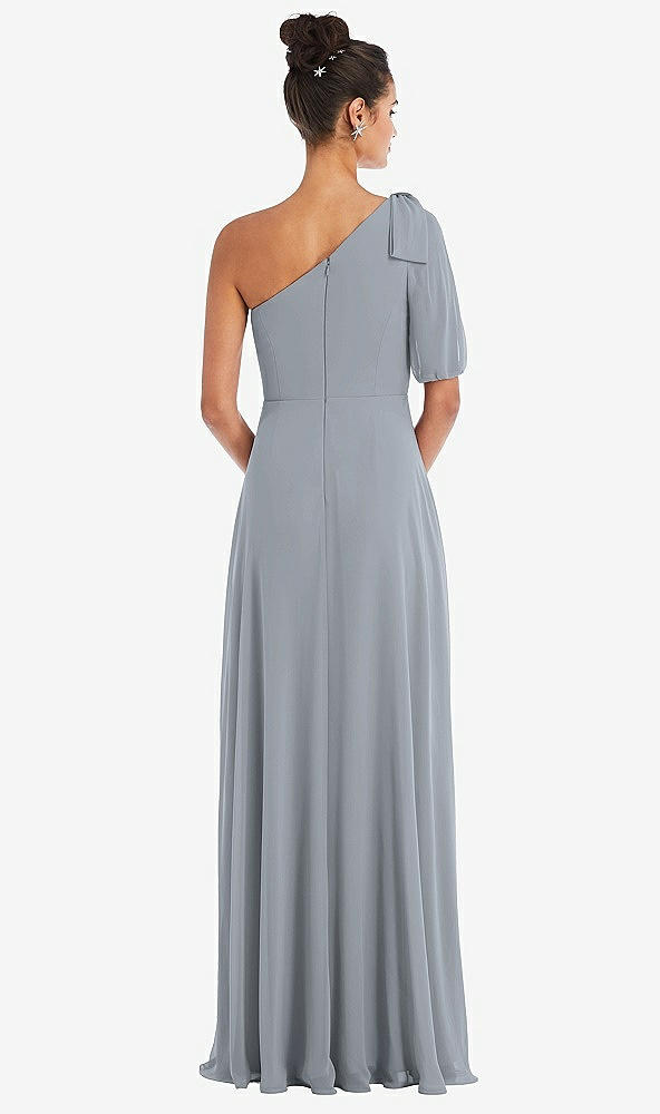 Back View - Platinum Bow One-Shoulder Flounce Sleeve Maxi Dress