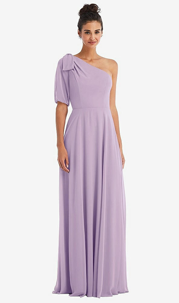 Front View - Pale Purple Bow One-Shoulder Flounce Sleeve Maxi Dress