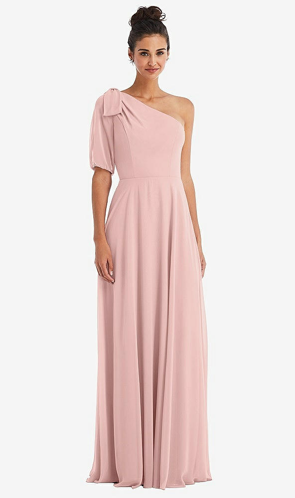 Front View - Rose - PANTONE Rose Quartz Bow One-Shoulder Flounce Sleeve Maxi Dress