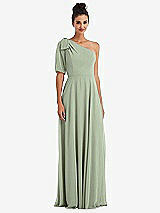 Front View Thumbnail - Sage Bow One-Shoulder Flounce Sleeve Maxi Dress