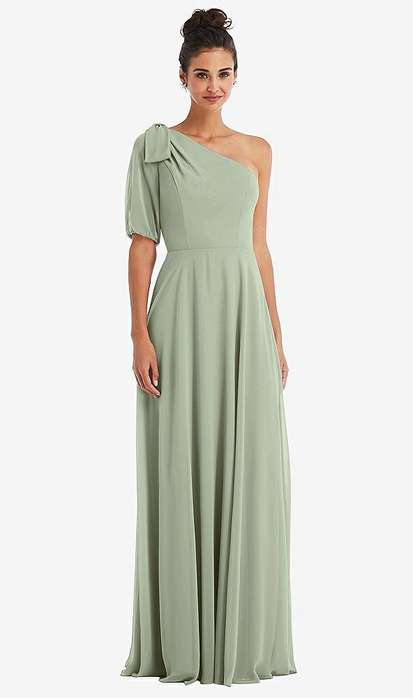 Front View - Sage Bow One-Shoulder Flounce Sleeve Maxi Dress