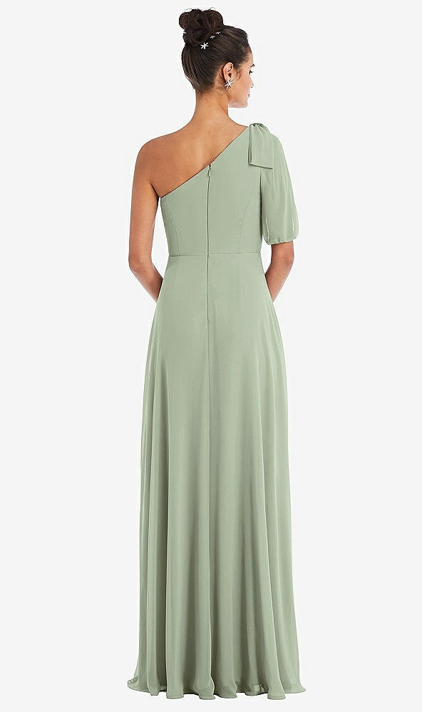 Back View - Sage Bow One-Shoulder Flounce Sleeve Maxi Dress