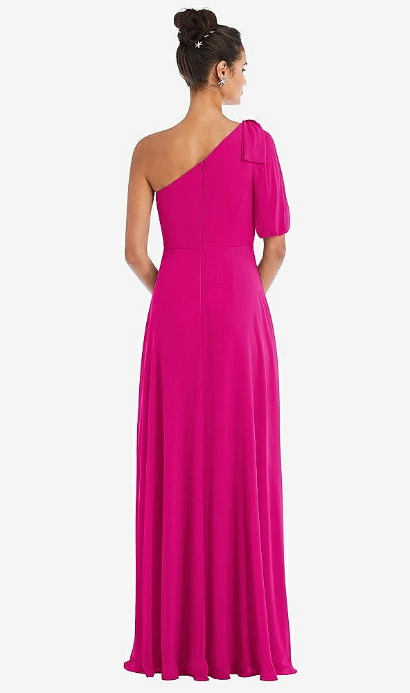 Back View - Think Pink Bow One-Shoulder Flounce Sleeve Maxi Dress