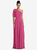 Front View Thumbnail - Tea Rose Bow One-Shoulder Flounce Sleeve Maxi Dress