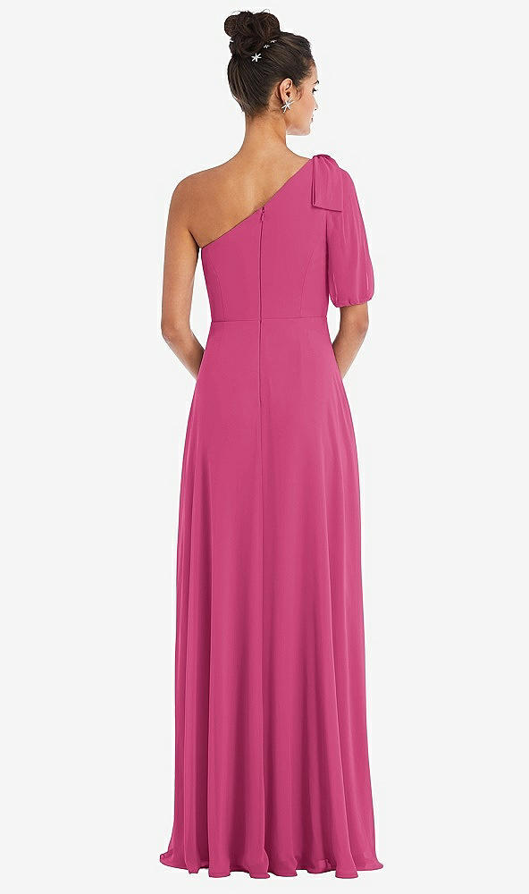 Back View - Tea Rose Bow One-Shoulder Flounce Sleeve Maxi Dress