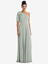 Front View Thumbnail - Willow Green Bow One-Shoulder Flounce Sleeve Maxi Dress