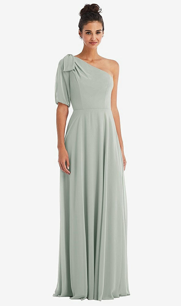 Front View - Willow Green Bow One-Shoulder Flounce Sleeve Maxi Dress