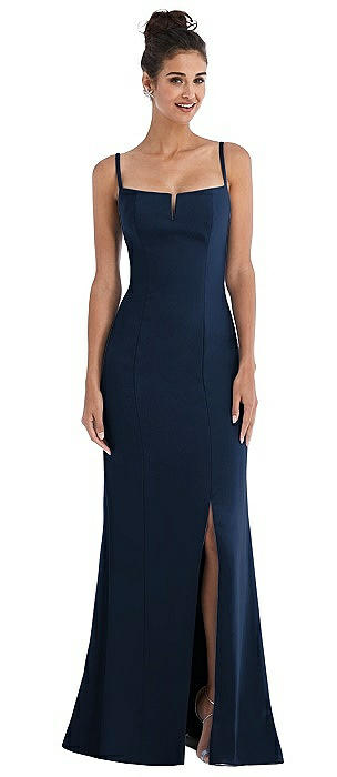 Notch Crepe Trumpet Gown with Front Slit