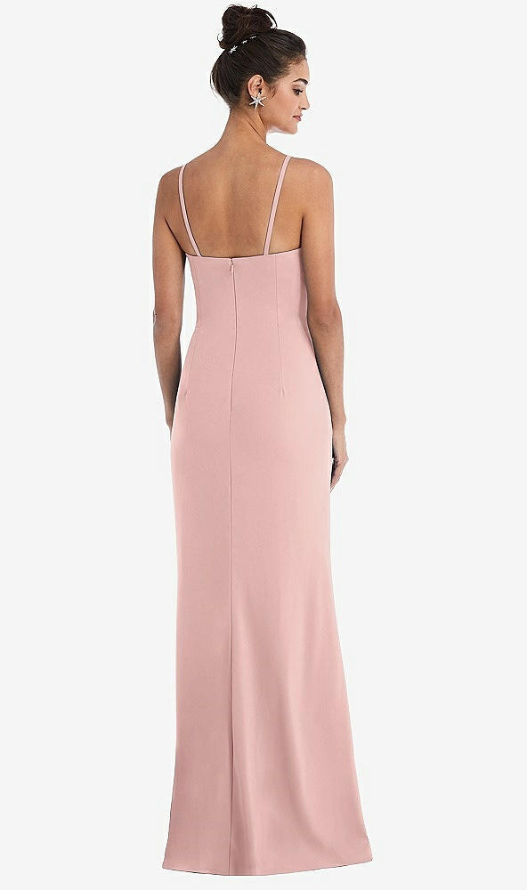 Back View - Rose - PANTONE Rose Quartz Notch Crepe Trumpet Gown with Front Slit