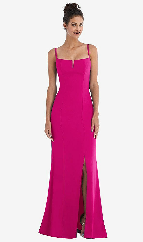 Front View - Think Pink Notch Crepe Trumpet Gown with Front Slit