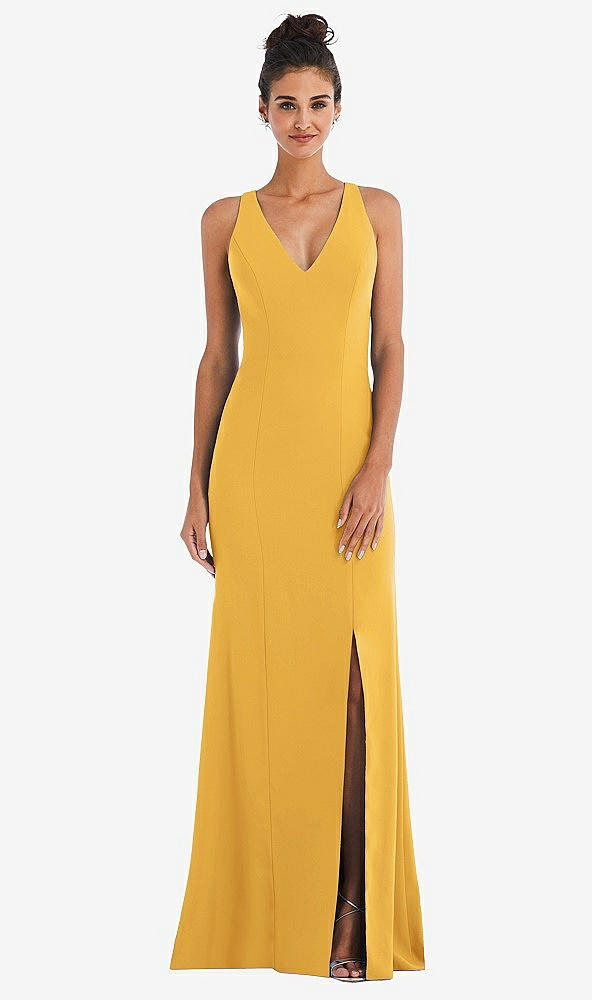 Back View - NYC Yellow Criss-Cross Cutout Back Maxi Dress with Front Slit